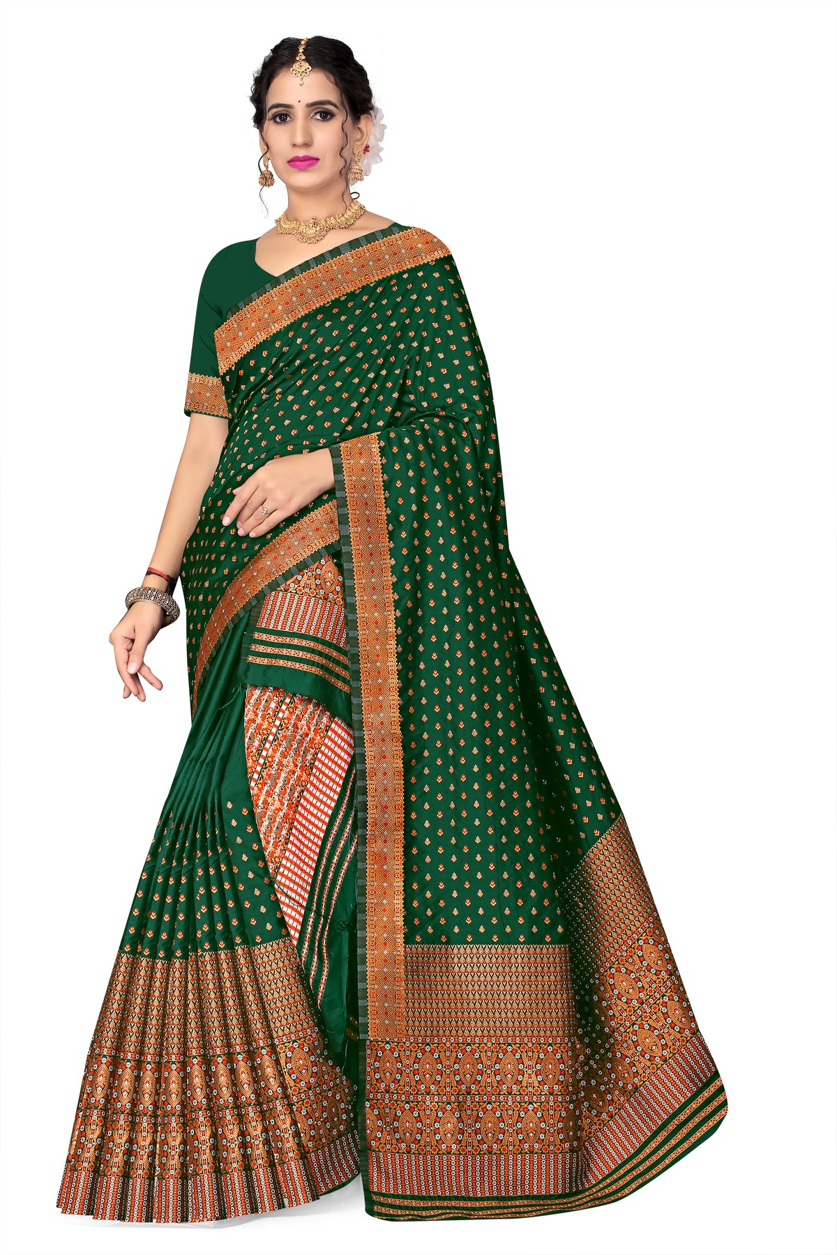 FIX PAARI MIXPAT MEKHELA CHADOR ( BOTTLE GREEN COLOUR )