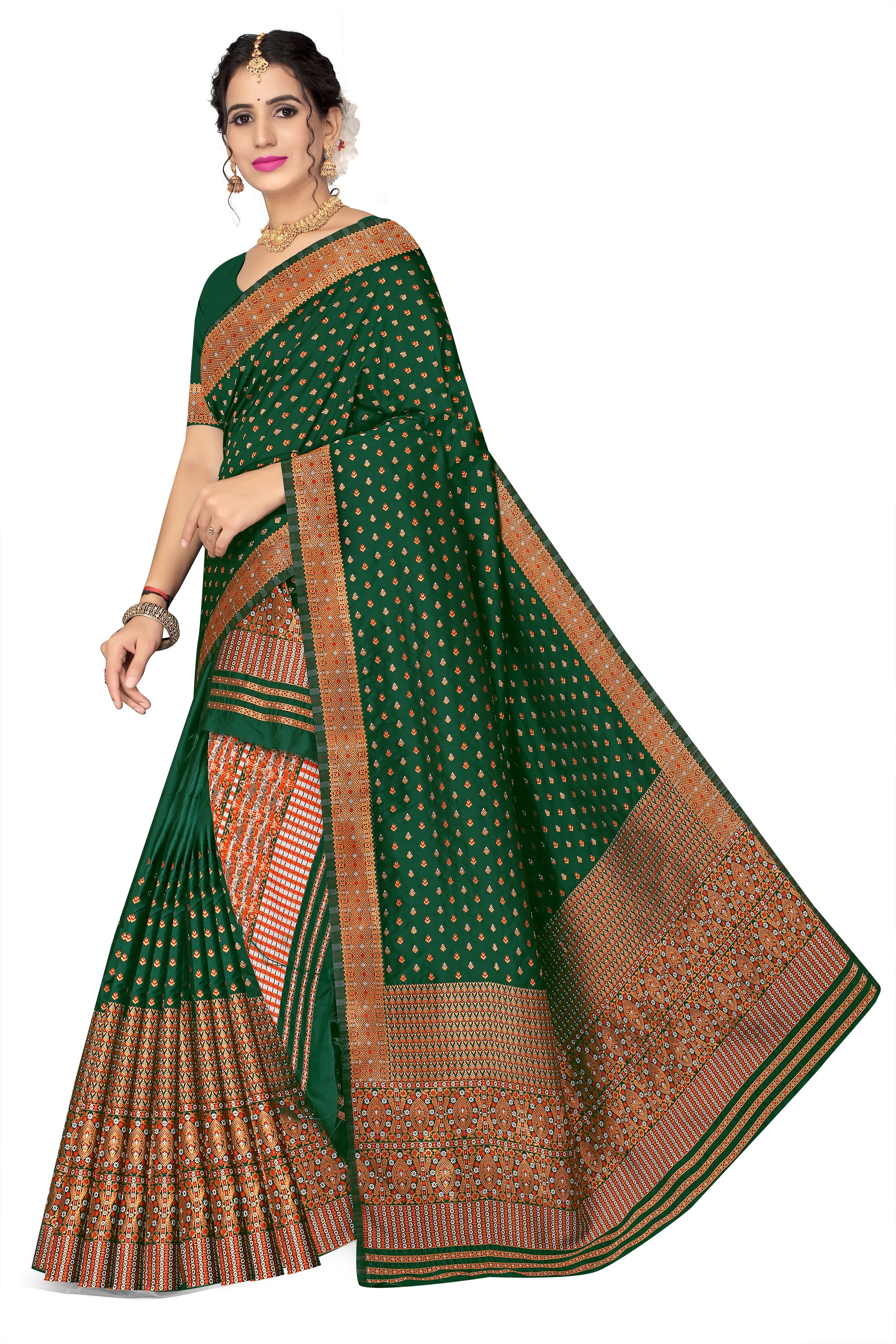 FIX PAARI MIXPAT MEKHELA CHADOR ( BOTTLE GREEN COLOUR )