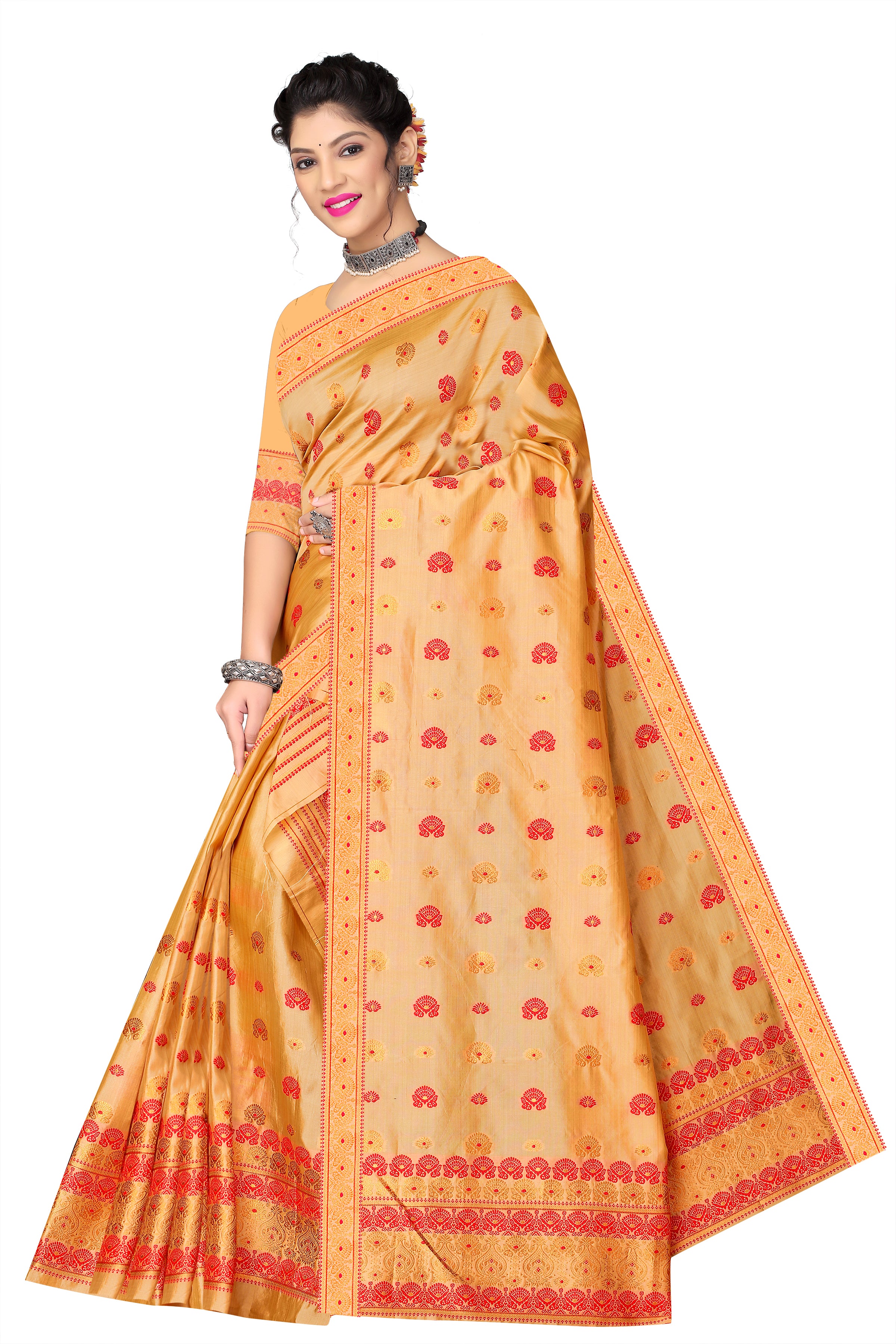 RAW ART SILK MEKHELA CHADOR ( CHIKU COLOUR )