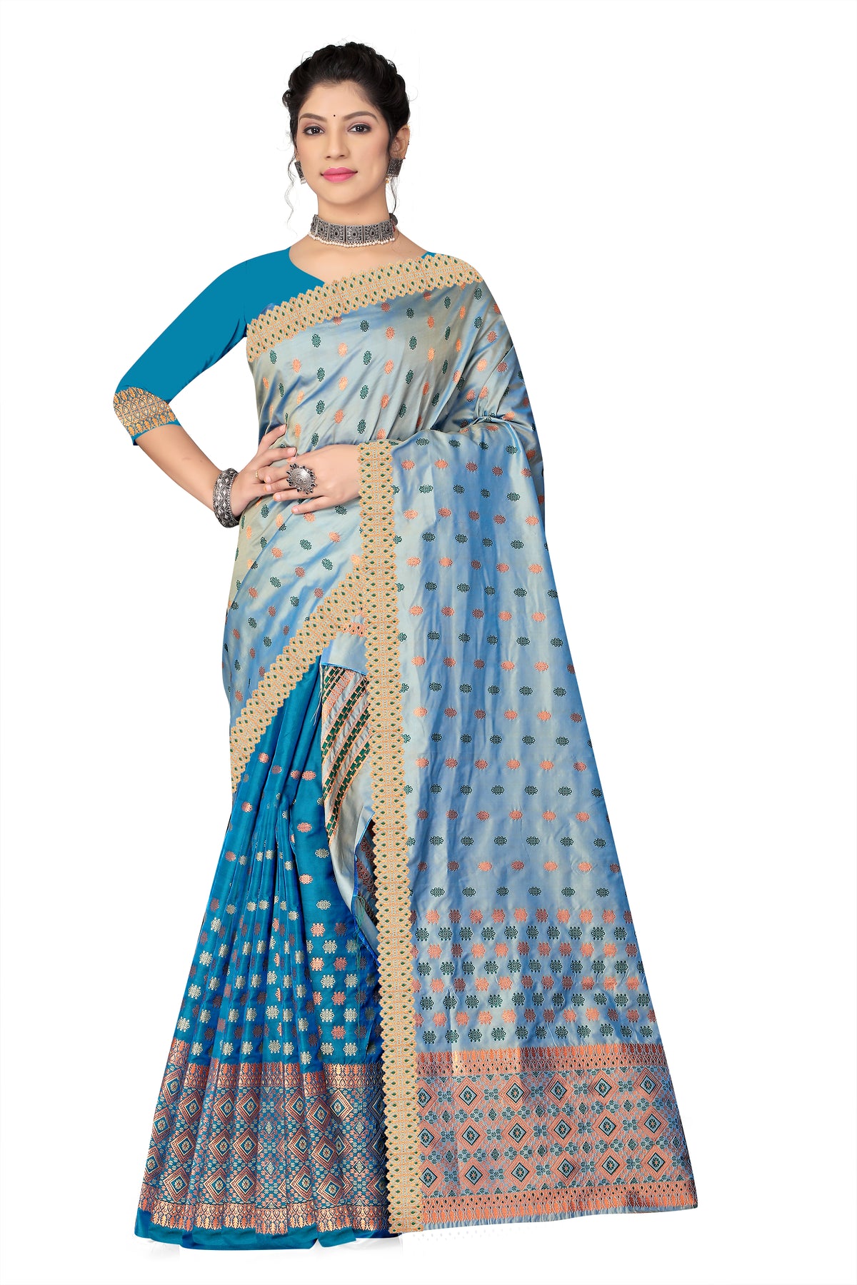 CONTRAST BLUE MIXPAT MEKHELA CHADOR