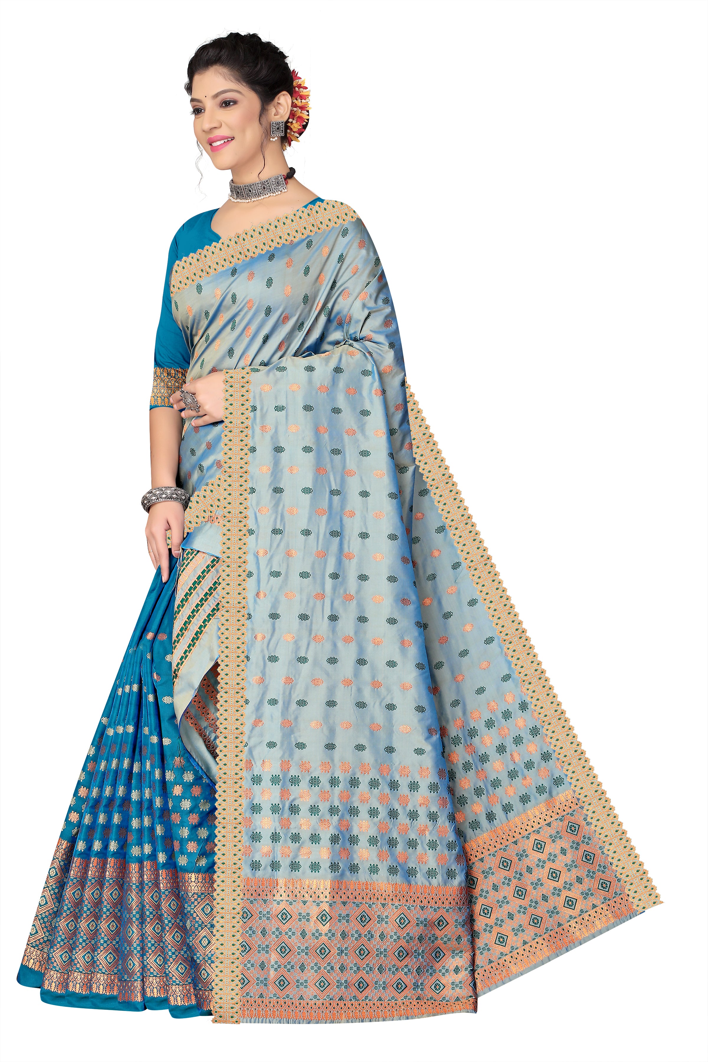 CONTRAST BLUE MIXPAT MEKHELA CHADOR