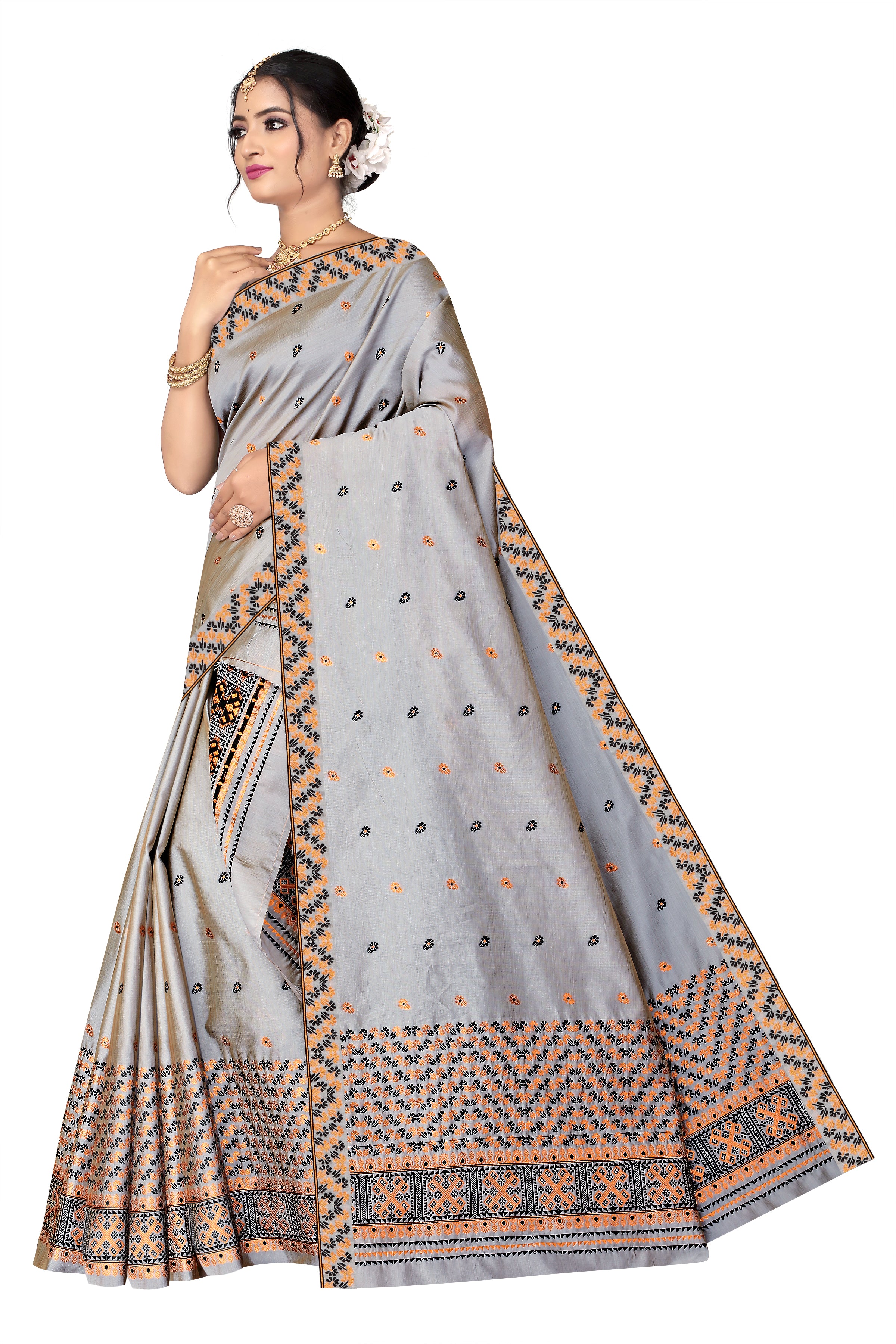 RAW ART SILK MEKHELA CHADOR ( GREY COLOUR )