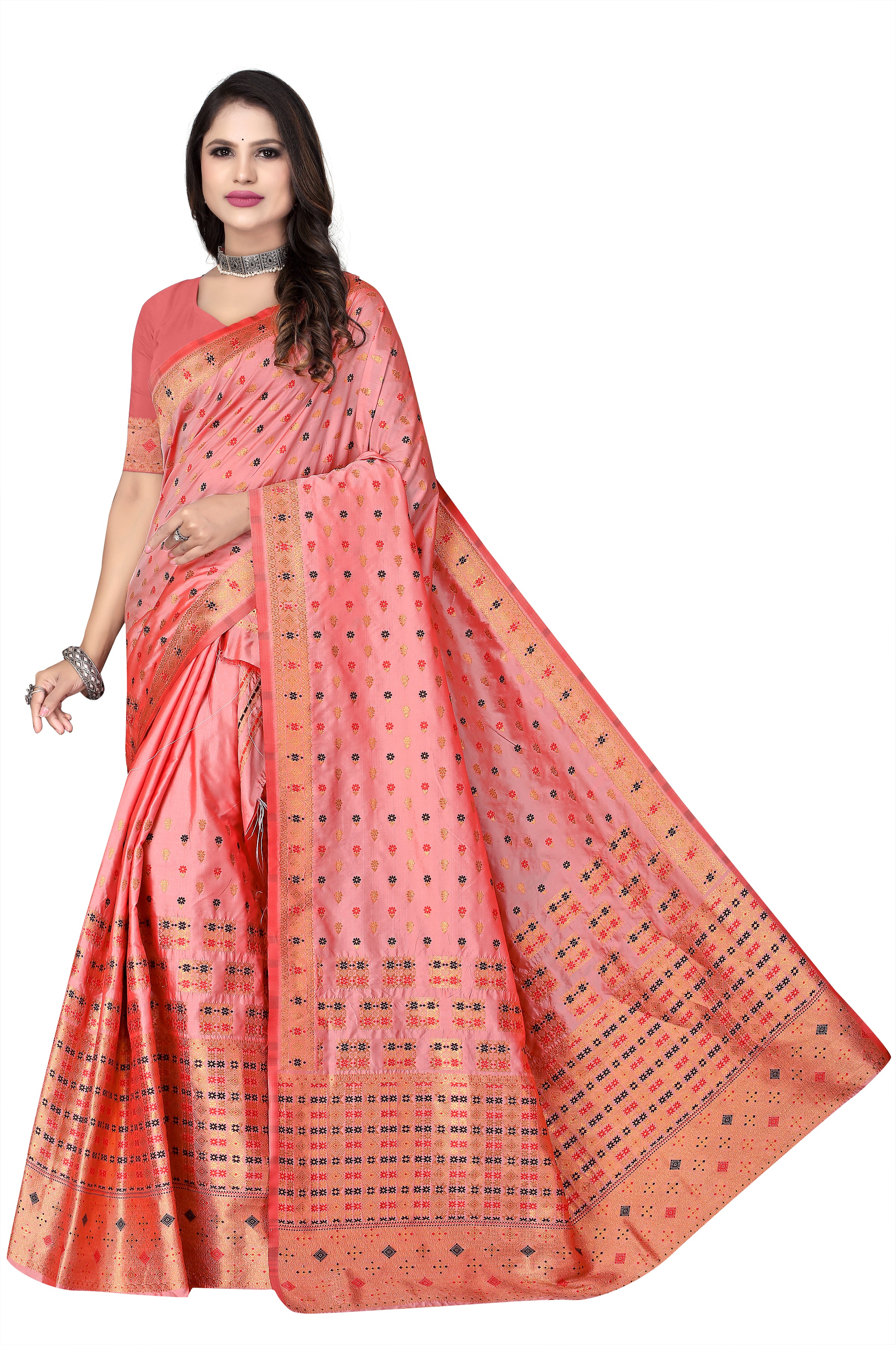 FIX PAARI MIXPAT MEKHELA CHADOR ( PEACH COLOUR )