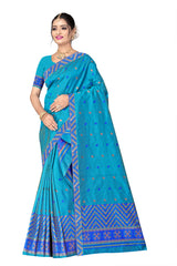 RAW ART SILK MEKHELA CHADOR ( AQUA BLUE COLOUR )