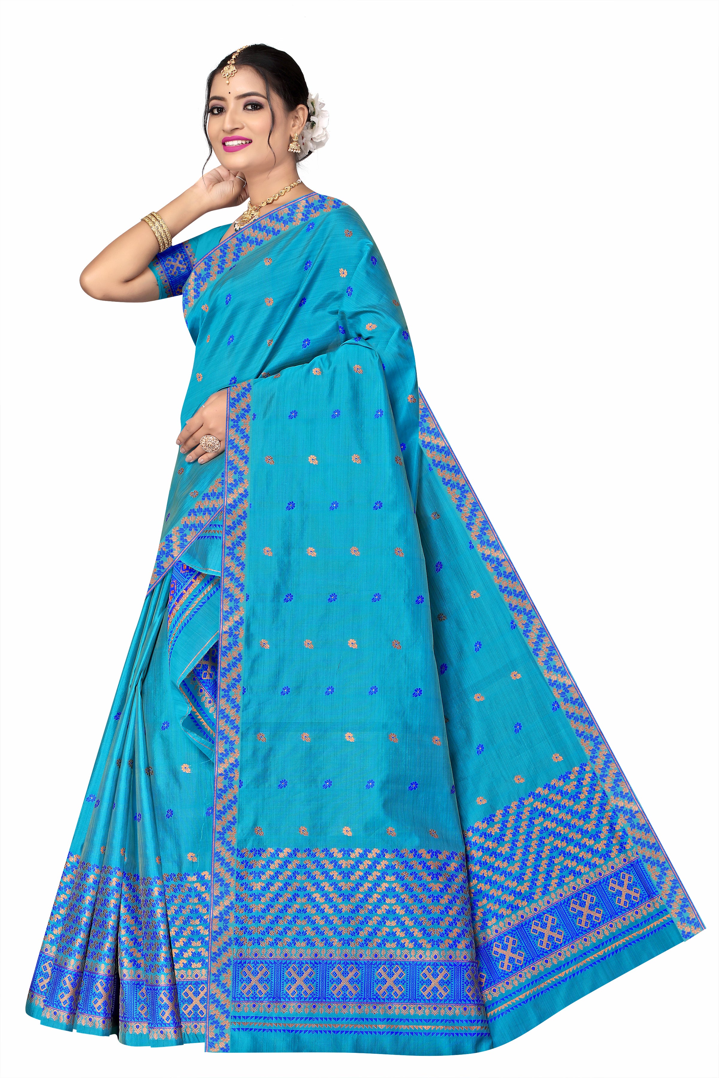 RAW ART SILK MEKHELA CHADOR ( AQUA BLUE COLOUR )