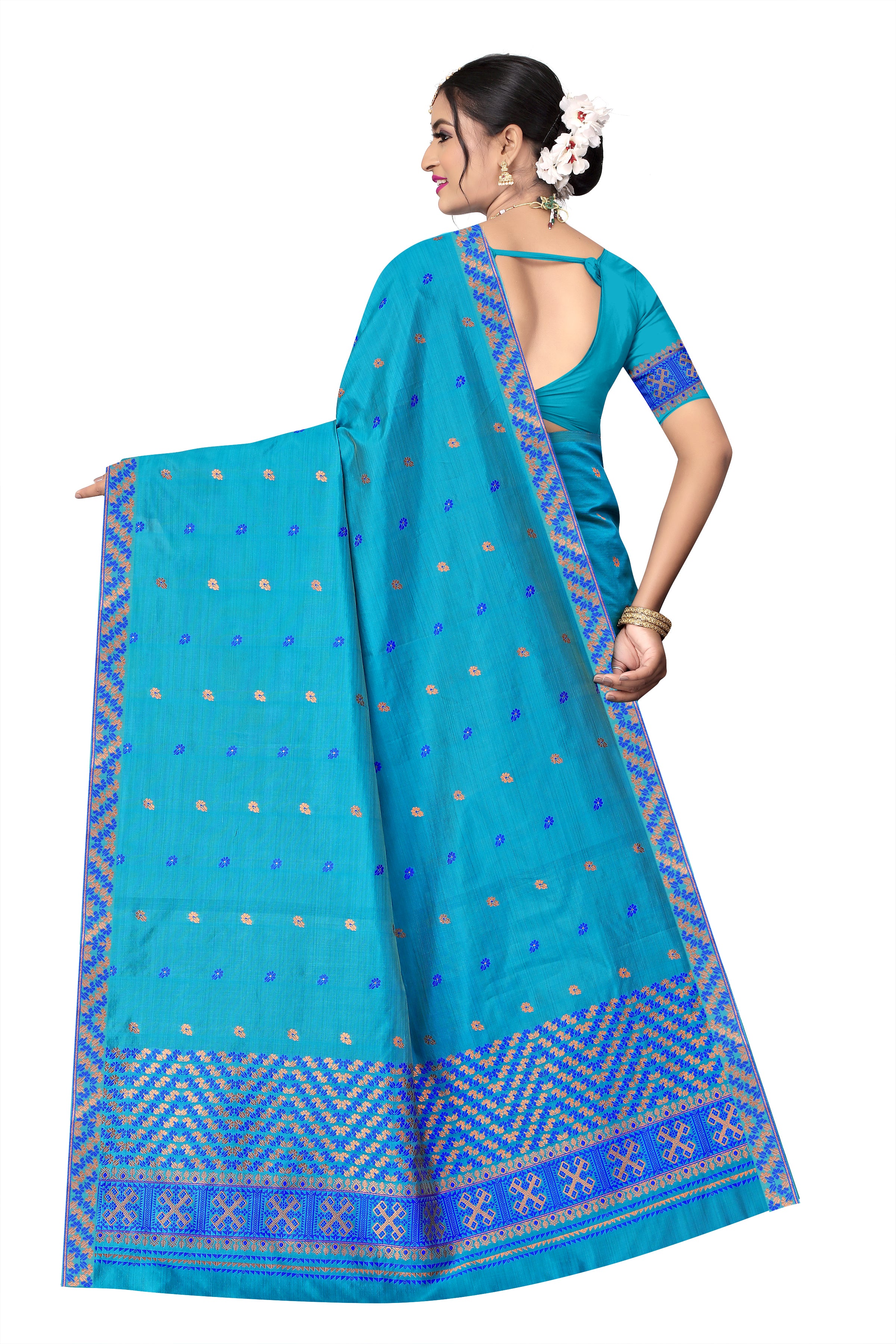 RAW ART SILK MEKHELA CHADOR ( AQUA BLUE COLOUR )