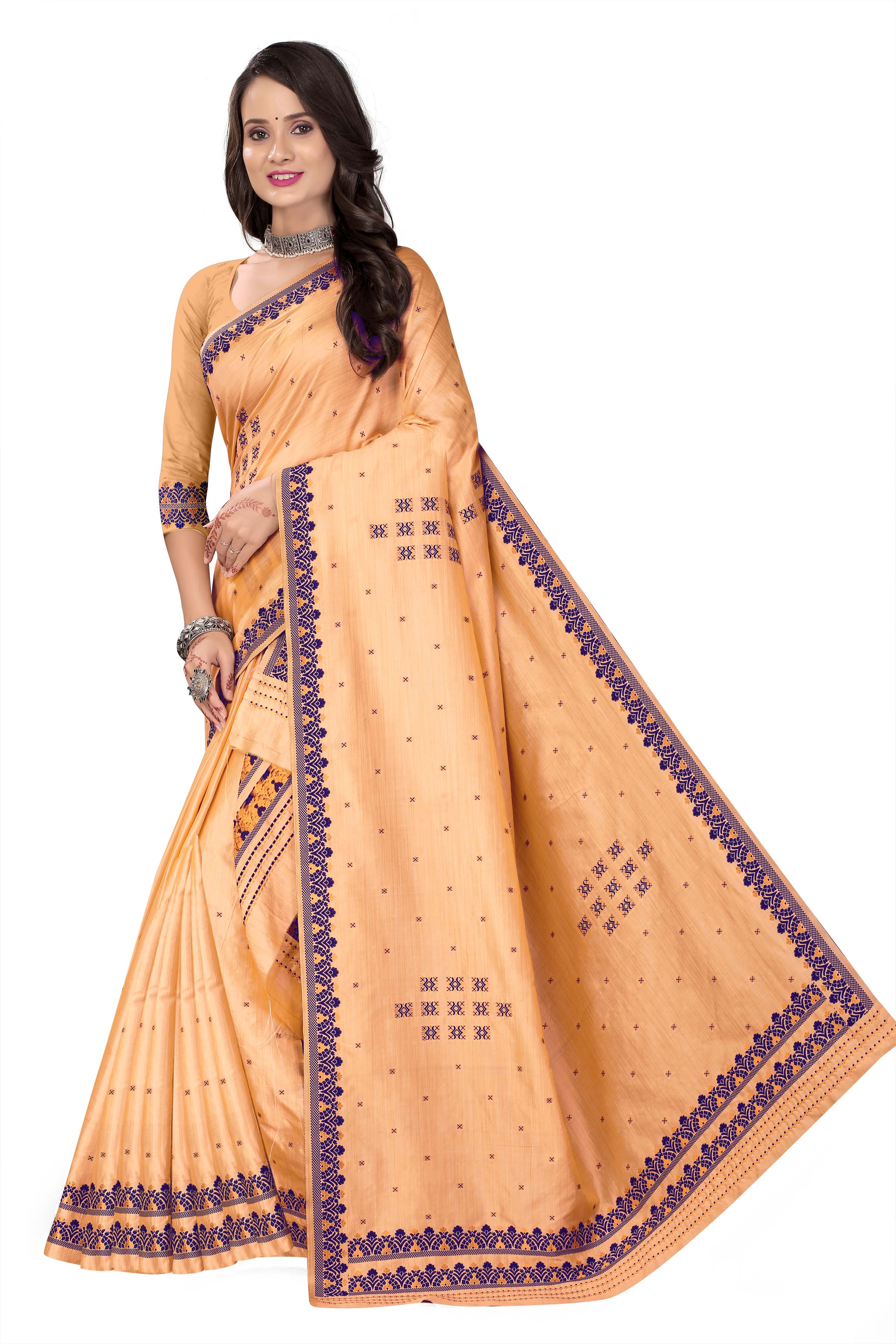 FIX PAARI RAW ART SILK MEKHELA CHADOR ( PEACH COLOUR )