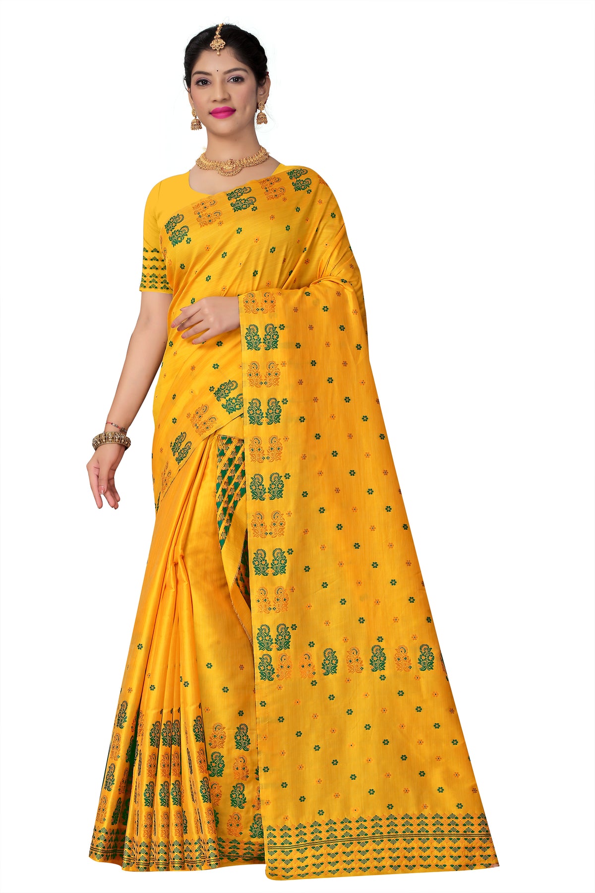 FIX PAARI RAW ART SILK MEKHELA CHADOR ( YELLOW COLOUR )