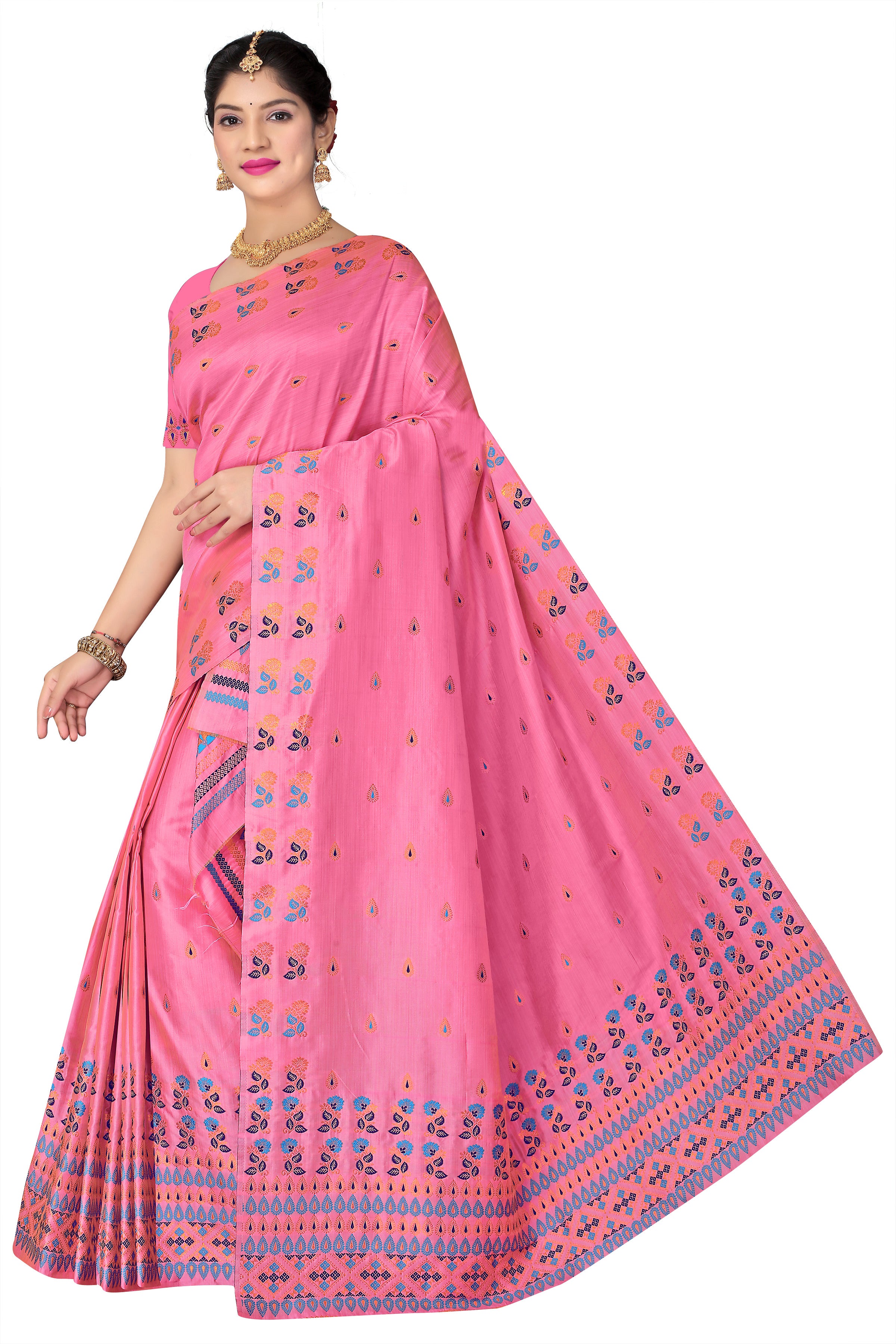 FIX PAARI RAW ART SILK MEKHELA CHADOR ( PINK COLOUR )