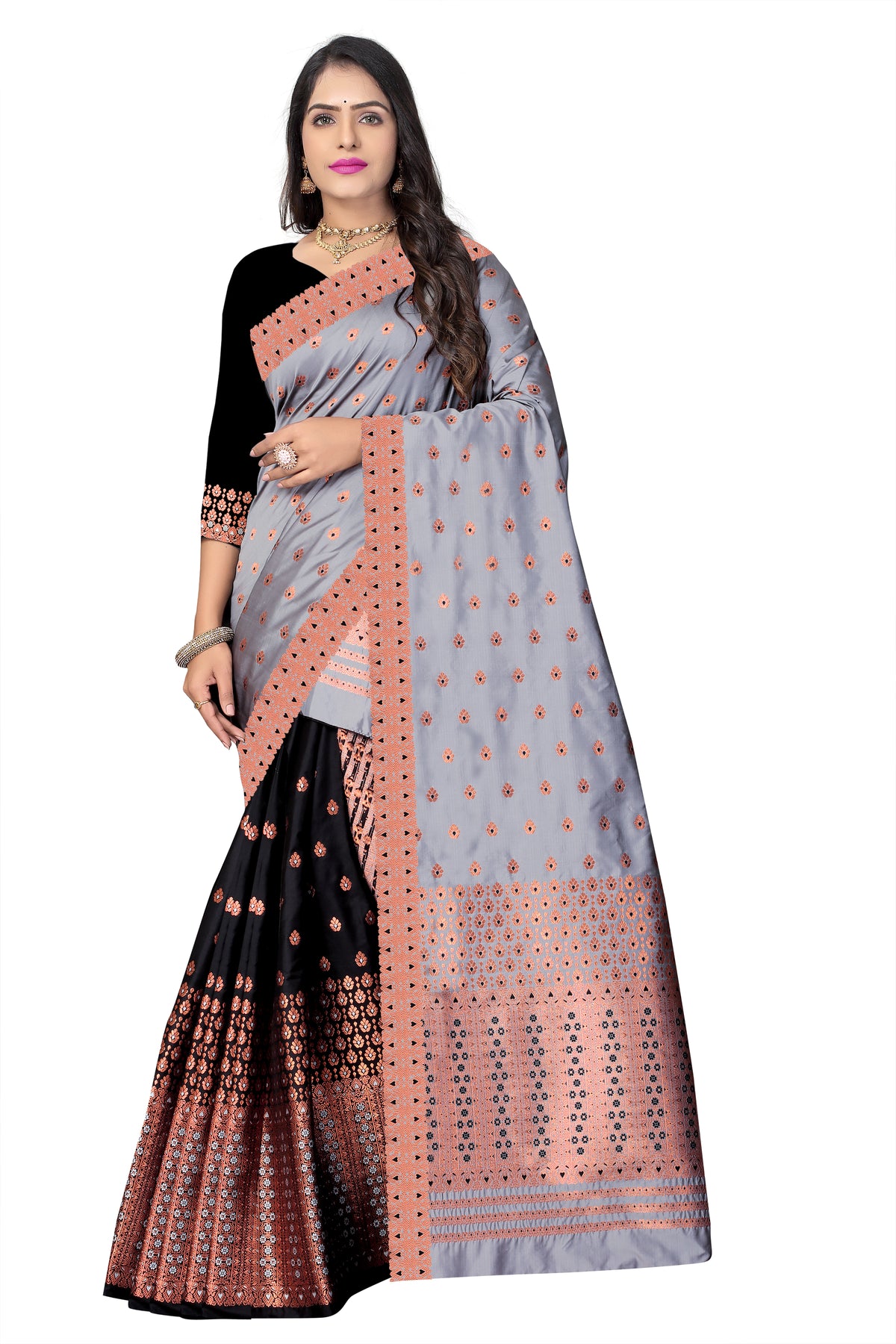 CONTRAST MIXPAT MEKHELA CHADOR ( GREY & BLACK COLOUR )