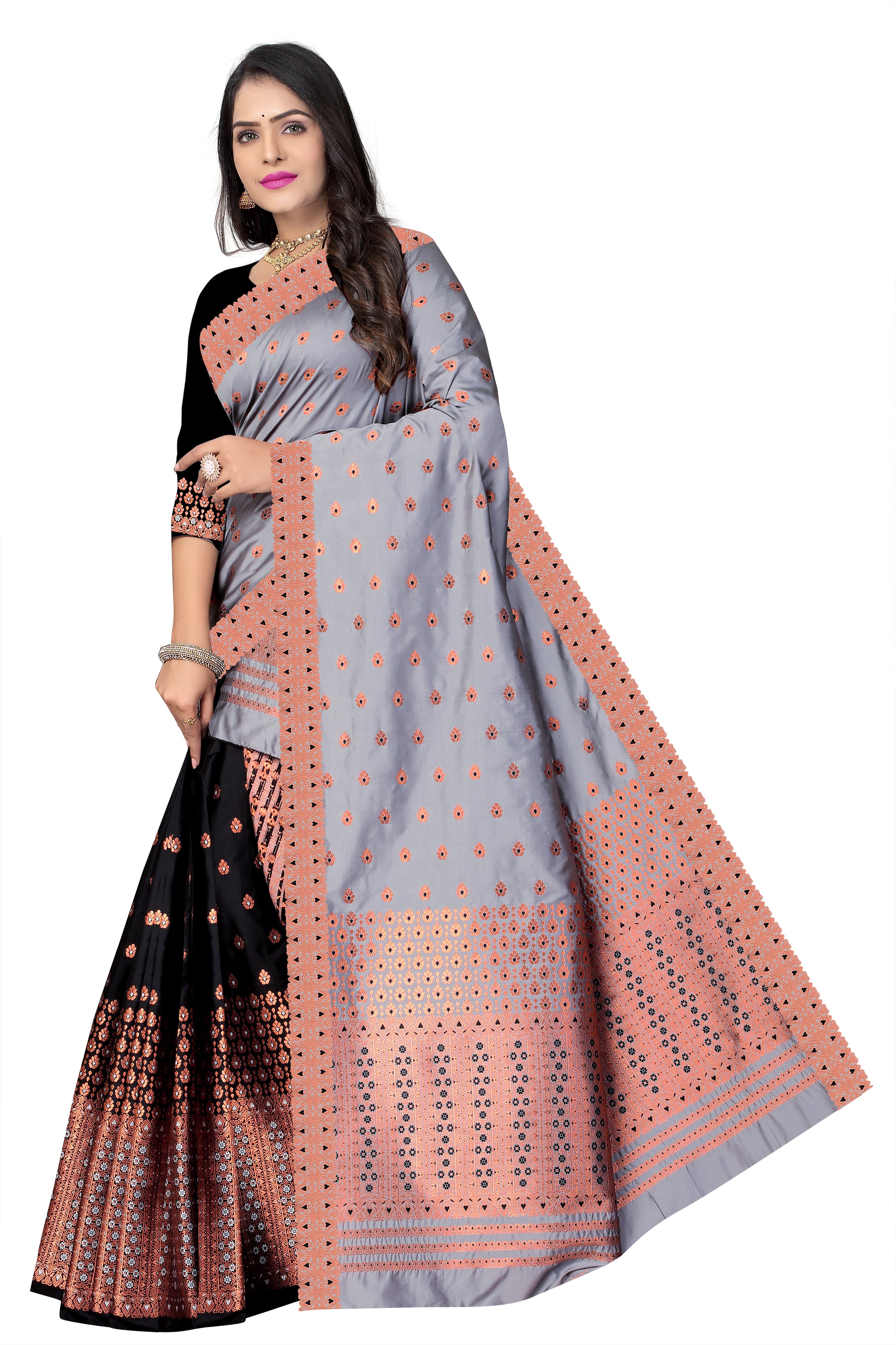 CONTRAST MIXPAT MEKHELA CHADOR ( GREY & BLACK COLOUR )