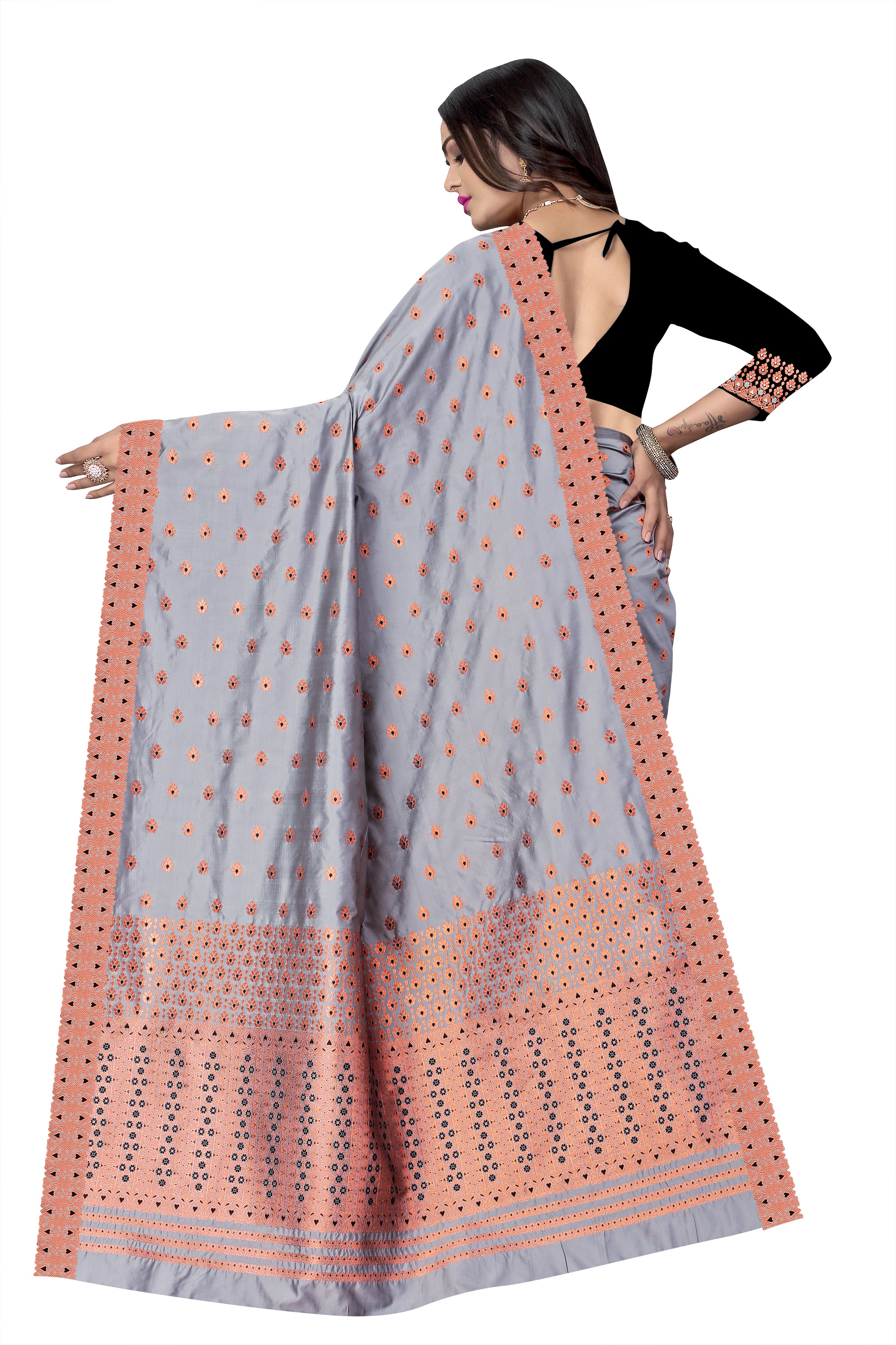 CONTRAST MIXPAT MEKHELA CHADOR ( GREY & BLACK COLOUR )