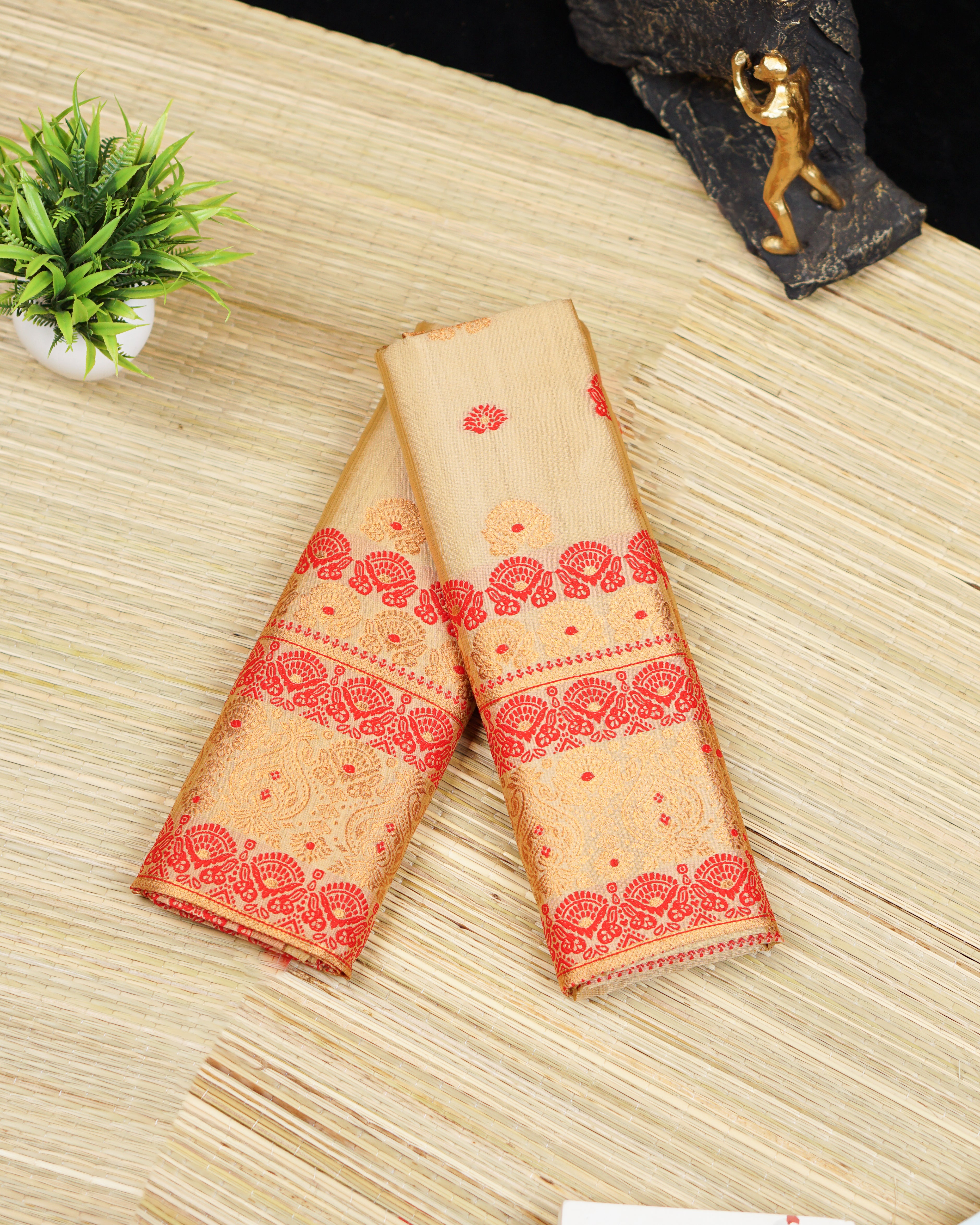 RAW ART SILK MEKHELA CHADOR ( CHIKU COLOUR )