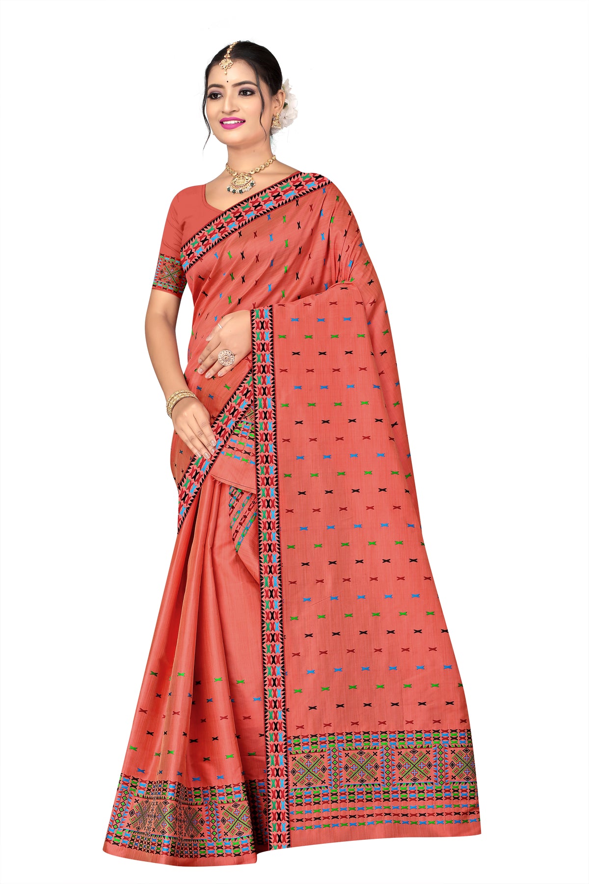 RAW ART SILK MEKHELA CHADOR ( BRICK RED COLOUR  )