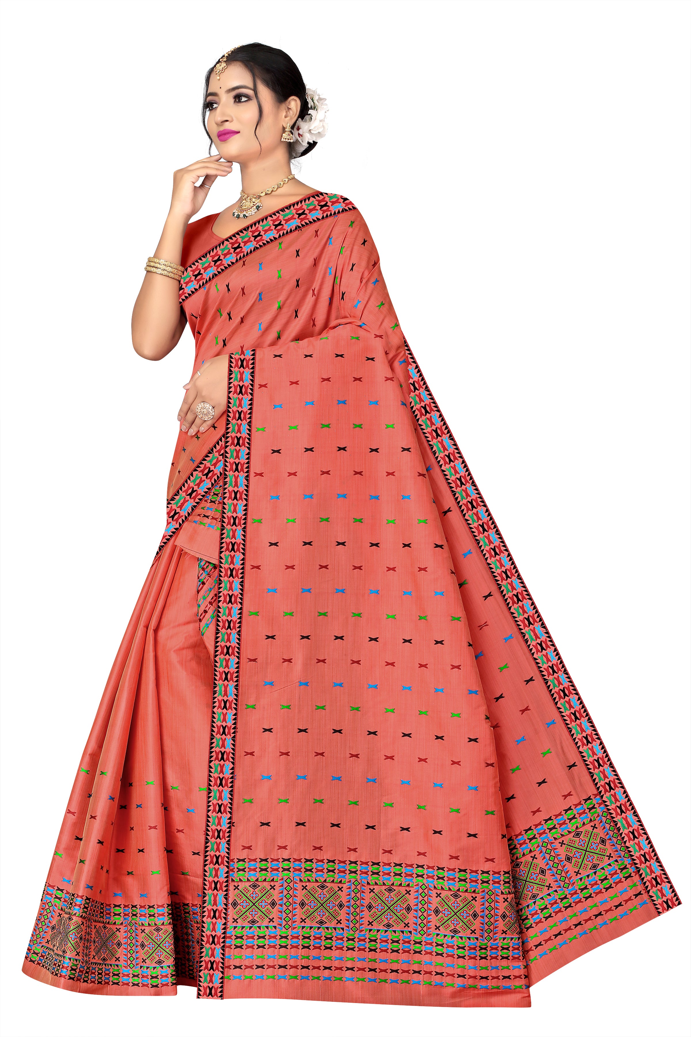 RAW ART SILK MEKHELA CHADOR ( BRICK RED COLOUR  )